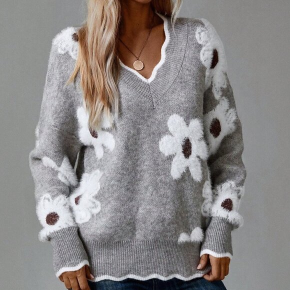 Grey Casual Women's Spring Floral Pattern Easter Family Sweater - Picture 3 of 5
